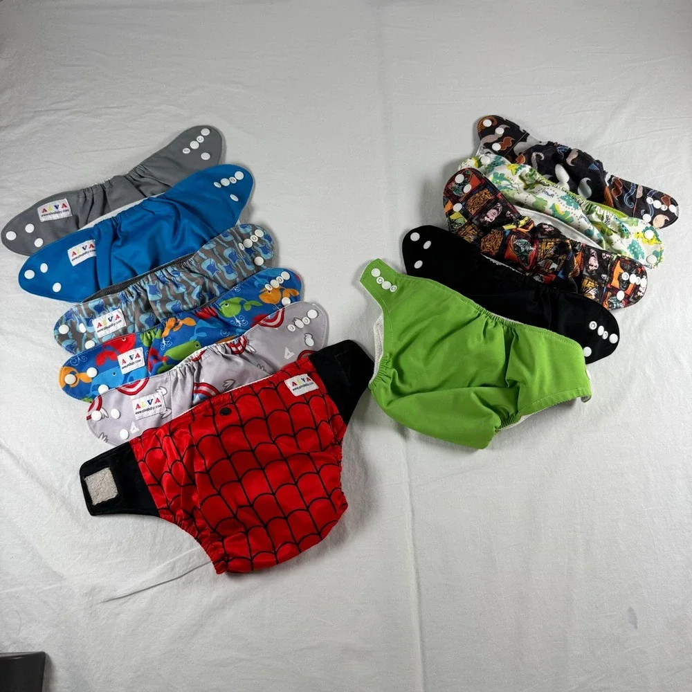 Lot of 11 Alva Baby Multicolor Adjustable Snap Hook & Loop Cloth Diapers